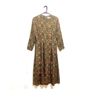 Talbots 90s Prairie Midi Dress Women's Pleated Vintage Shoulder Pads Sz 12 EUC